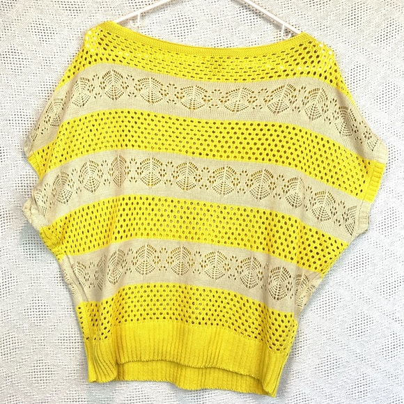 Yellow Cream Mesh Open Knit cover up top dolman sleeve large Passion 4 Fashion - Picture 2 of 6